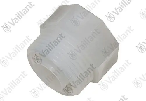Vaillant Anschlussstück in transparenter Kunststoffausführung mit gewindekonischer Form, geeignet für Siphonmontagen.